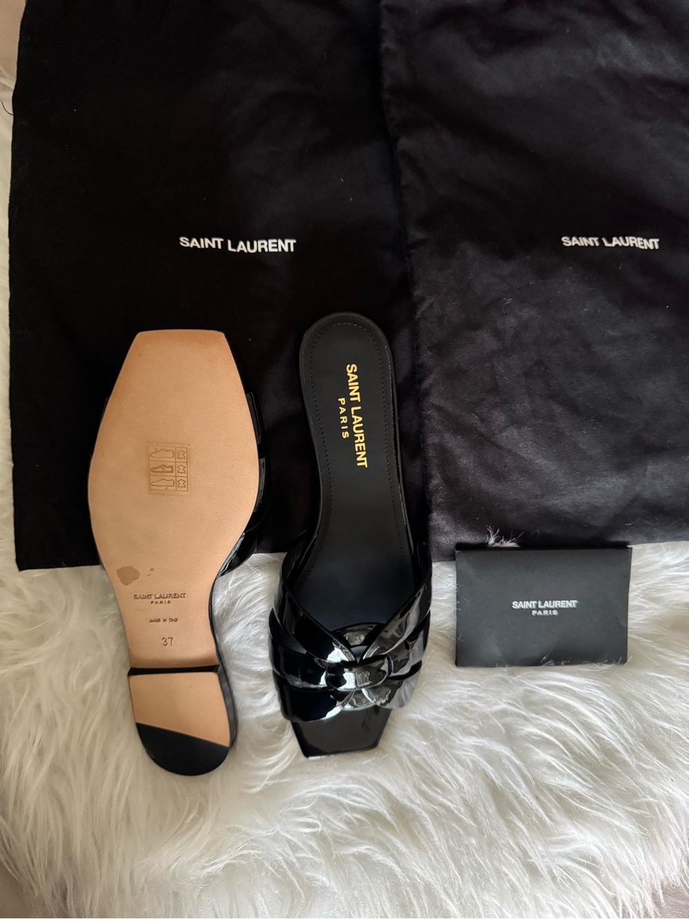 NEW!! Saint Laurent Black Patent Leather Slide Sandals